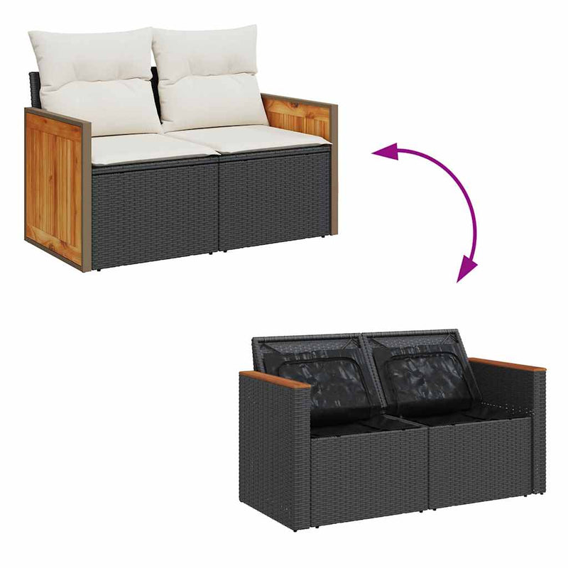 7 Piece Garden Sofa Set with Cushions Black Poly Rattan Acacia Payday Deals