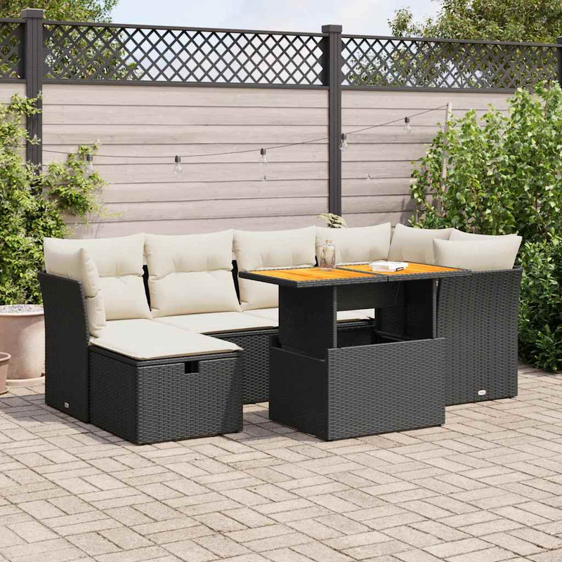 7 Piece Garden Sofa Set with Cushions Black Poly Rattan Acacia Payday Deals
