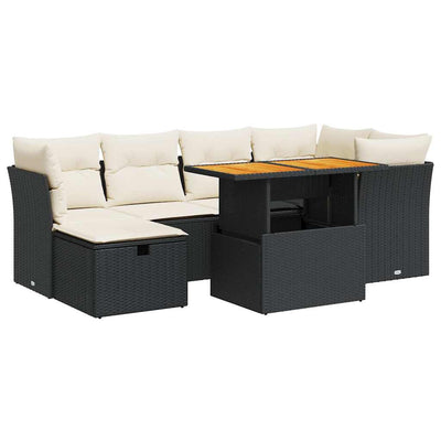 7 Piece Garden Sofa Set with Cushions Black Poly Rattan Acacia Payday Deals