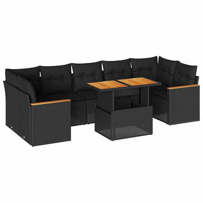7 Piece Garden Sofa Set with Cushions Black Poly Rattan Acacia Payday Deals