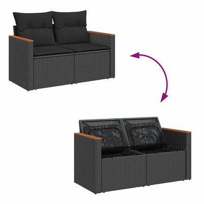 7 Piece Garden Sofa Set with Cushions Black Poly Rattan Acacia Payday Deals