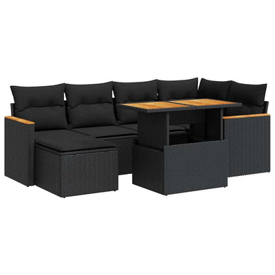 7 Piece Garden Sofa Set with Cushions Black Poly Rattan Acacia Payday Deals