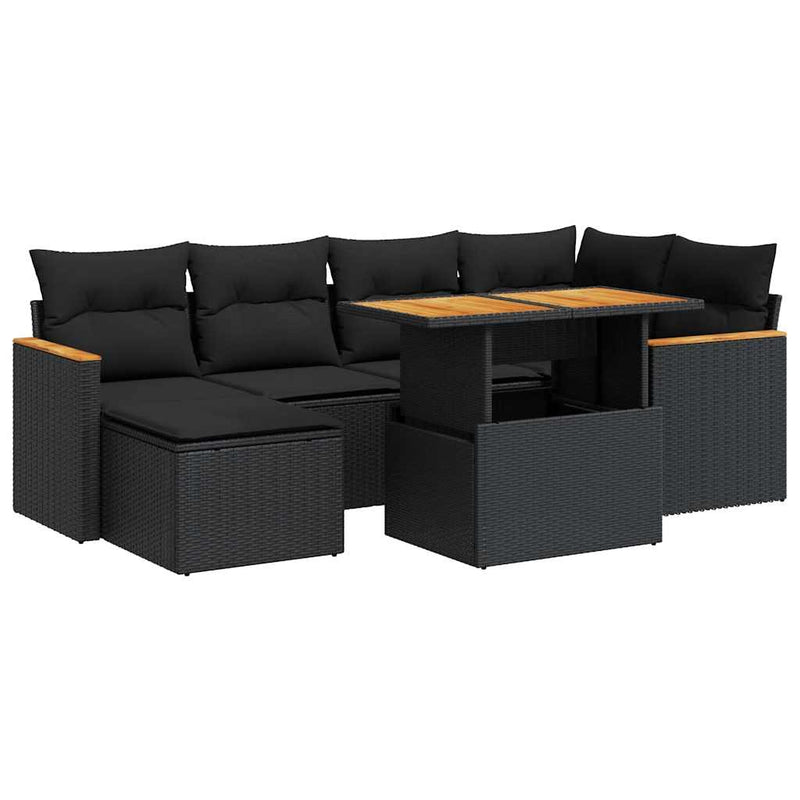7 Piece Garden Sofa Set with Cushions Black Poly Rattan Acacia Payday Deals