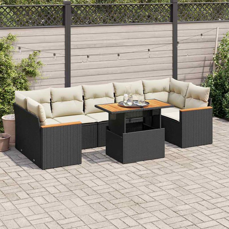 7 Piece Garden Sofa Set with Cushions Black Poly Rattan Acacia Payday Deals