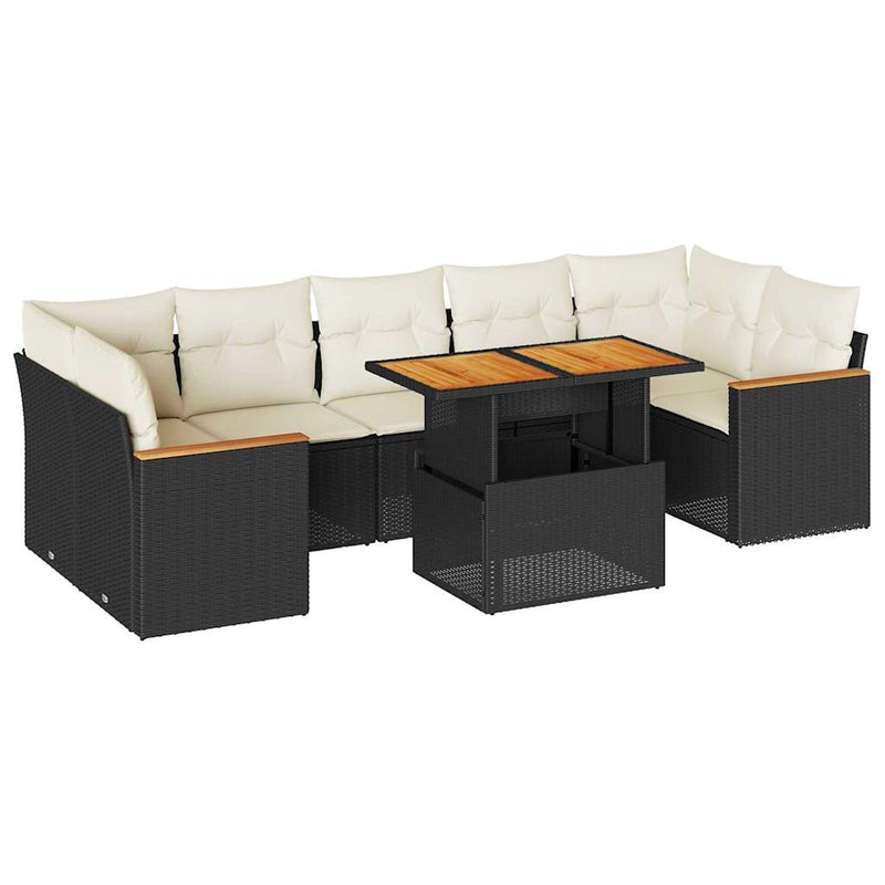 7 Piece Garden Sofa Set with Cushions Black Poly Rattan Acacia Payday Deals