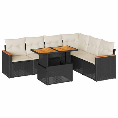 7 Piece Garden Sofa Set with Cushions Black Poly Rattan Acacia Payday Deals