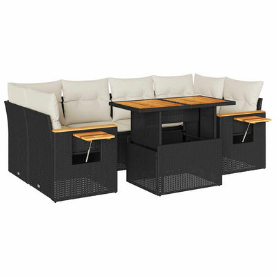 7 Piece Garden Sofa Set with Cushions Black Poly Rattan Acacia Payday Deals