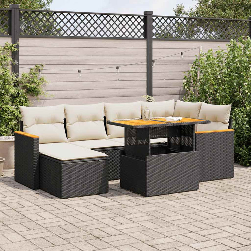 7 Piece Garden Sofa Set with Cushions Black Poly Rattan Acacia Payday Deals