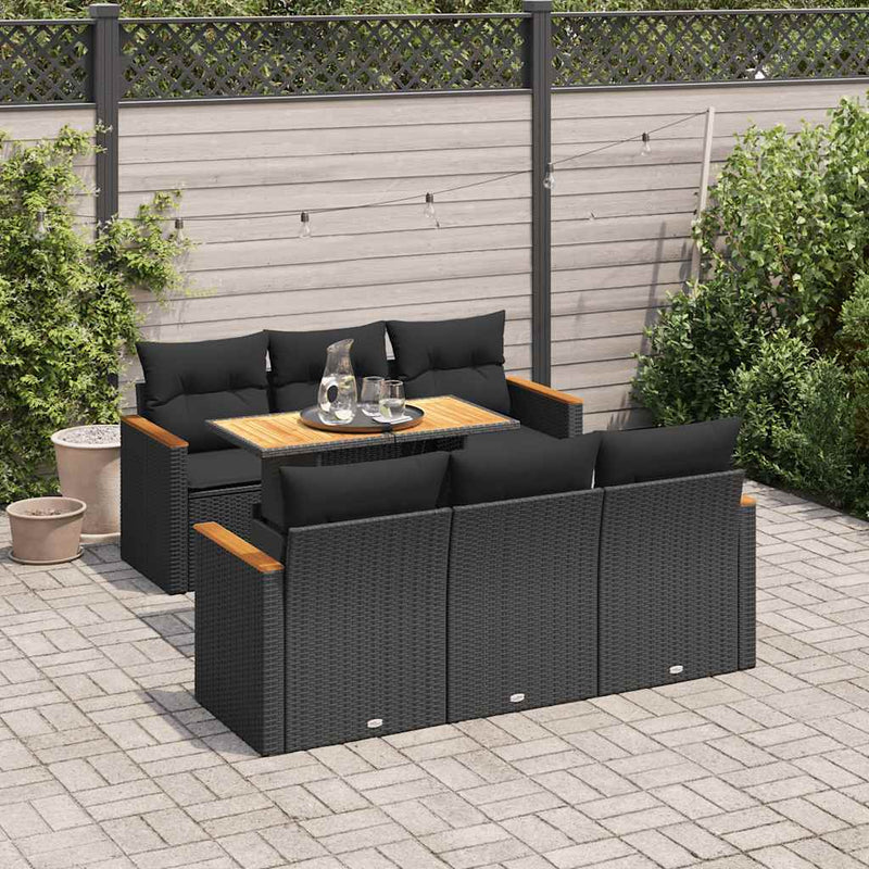 7 Piece Garden Sofa Set with Cushions Black Poly Rattan Acacia Payday Deals