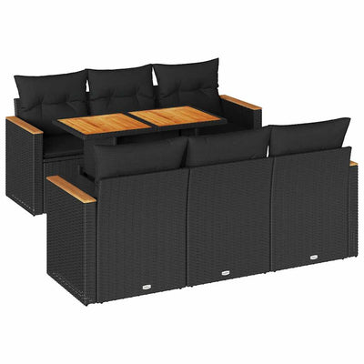 7 Piece Garden Sofa Set with Cushions Black Poly Rattan Acacia Payday Deals