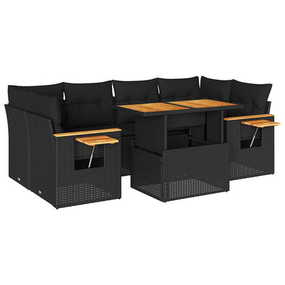 7 Piece Garden Sofa Set with Cushions Black Poly Rattan Acacia Payday Deals