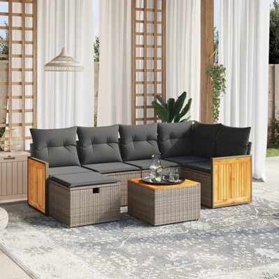 7 Piece Garden Sofa Set with Cushions Grey Poly Rattan