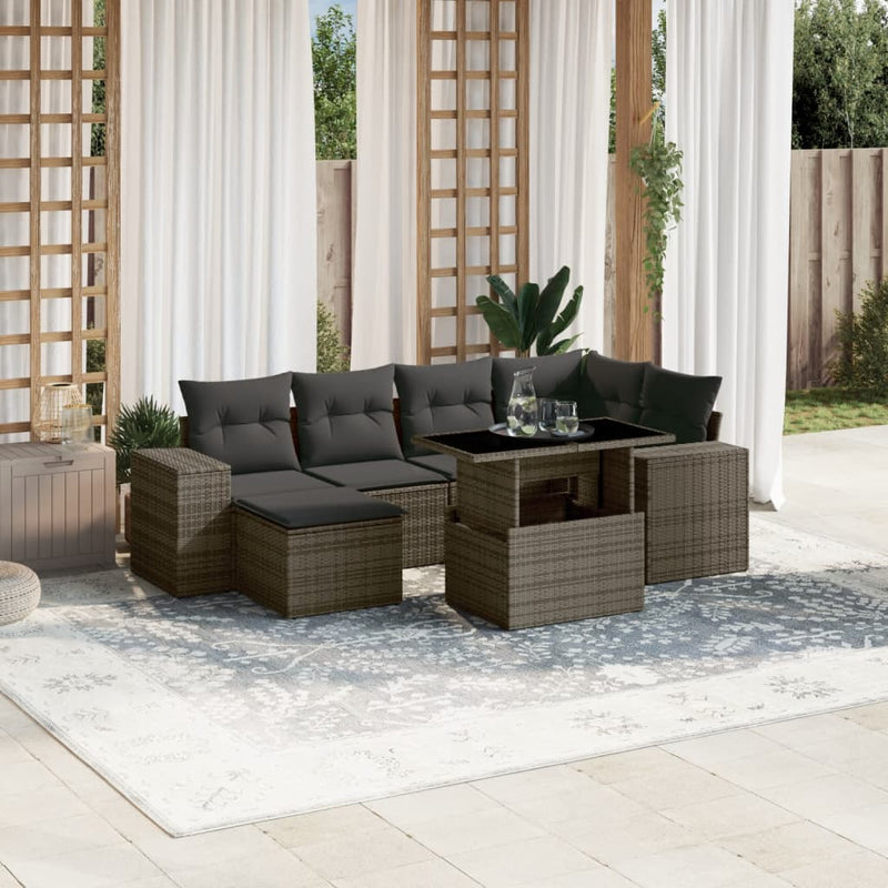 7 Piece Garden Sofa Set with Cushions Grey Poly Rattan Payday Deals