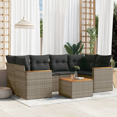 7 Piece Garden Sofa Set with Cushions Grey Poly Rattan