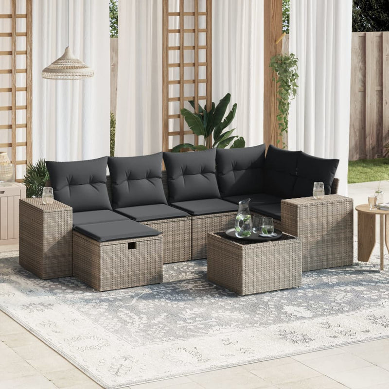 7 Piece Garden Sofa Set with Cushions Grey Poly Rattan Payday Deals