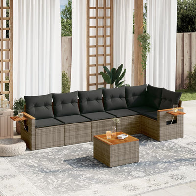 7 Piece Garden Sofa Set with Cushions Grey Poly Rattan