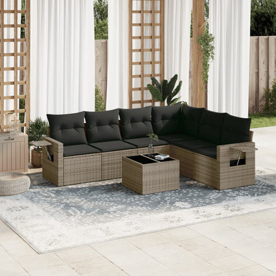 7 Piece Garden Sofa Set with Cushions Grey Poly Rattan