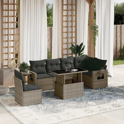 7 Piece Garden Sofa Set with Cushions Grey Poly Rattan