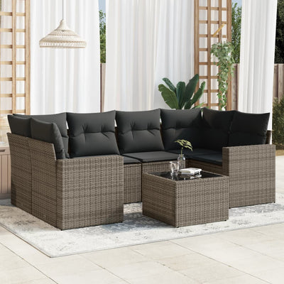 7 Piece Garden Sofa Set with Cushions Grey Poly Rattan