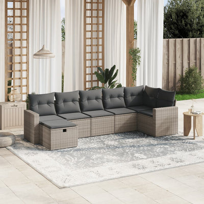 7 Piece Garden Sofa Set with Cushions Grey Poly Rattan