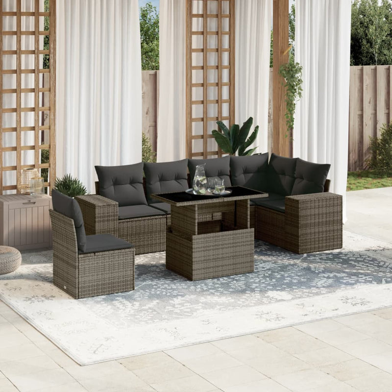 7 Piece Garden Sofa Set with Cushions Grey Poly Rattan Payday Deals