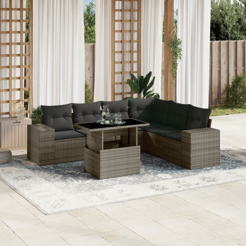 7 Piece Garden Sofa Set with Cushions Grey Poly Rattan Payday Deals