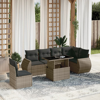 7 Piece Garden Sofa Set with Cushions Grey Poly Rattan