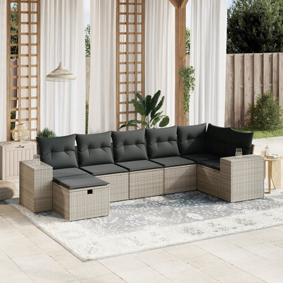 7 Piece Garden Sofa Set with Cushions Grey Poly Rattan