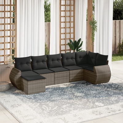 7 Piece Garden Sofa Set with Cushions Grey Poly Rattan