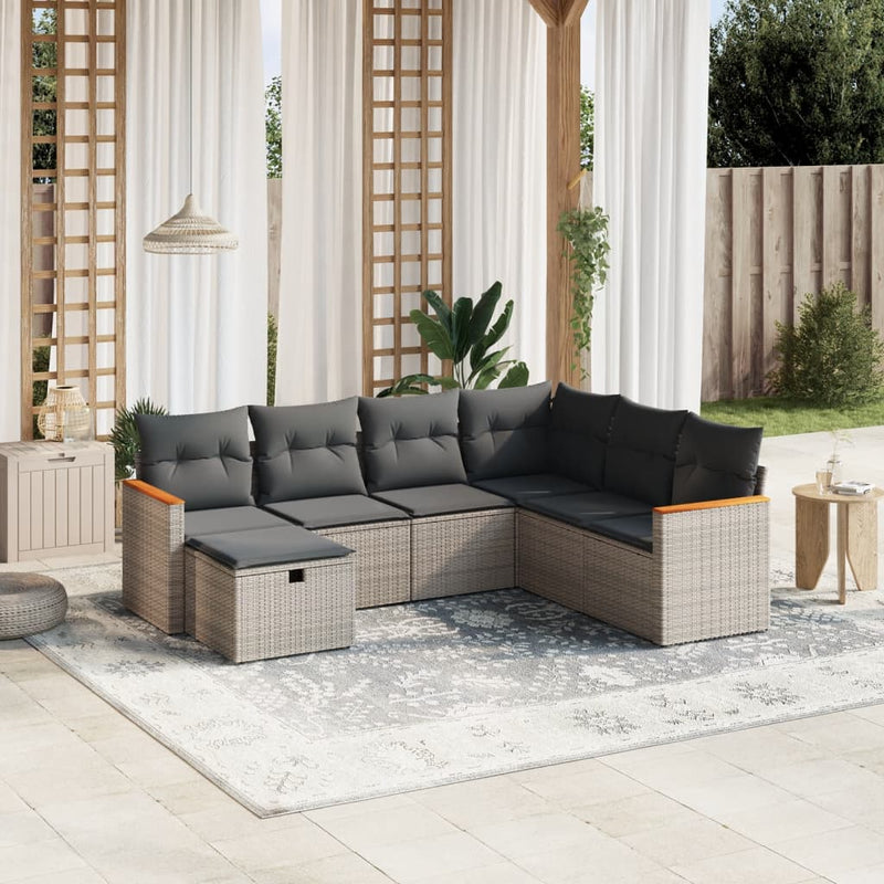 7 Piece Garden Sofa Set with Cushions Grey Poly Rattan Payday Deals