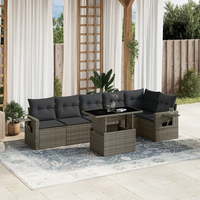 7 Piece Garden Sofa Set with Cushions Grey Poly Rattan