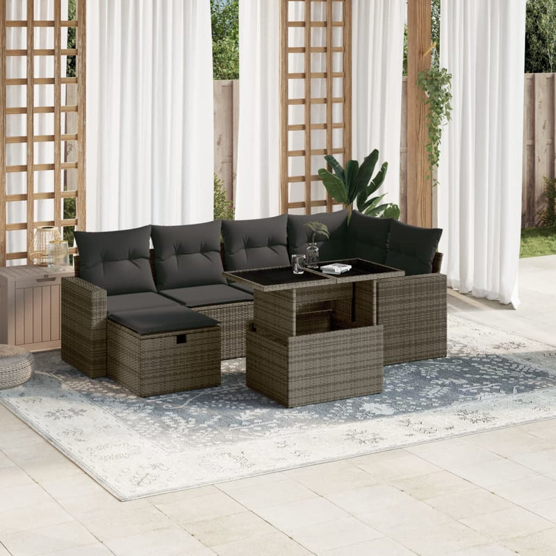 7 Piece Garden Sofa Set with Cushions Grey Poly Rattan Payday Deals