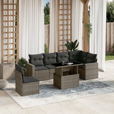 7 Piece Garden Sofa Set with Cushions Grey Poly Rattan