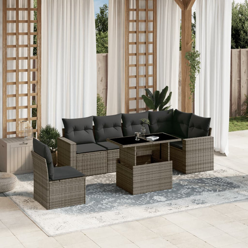 7 Piece Garden Sofa Set with Cushions Grey Poly Rattan Payday Deals