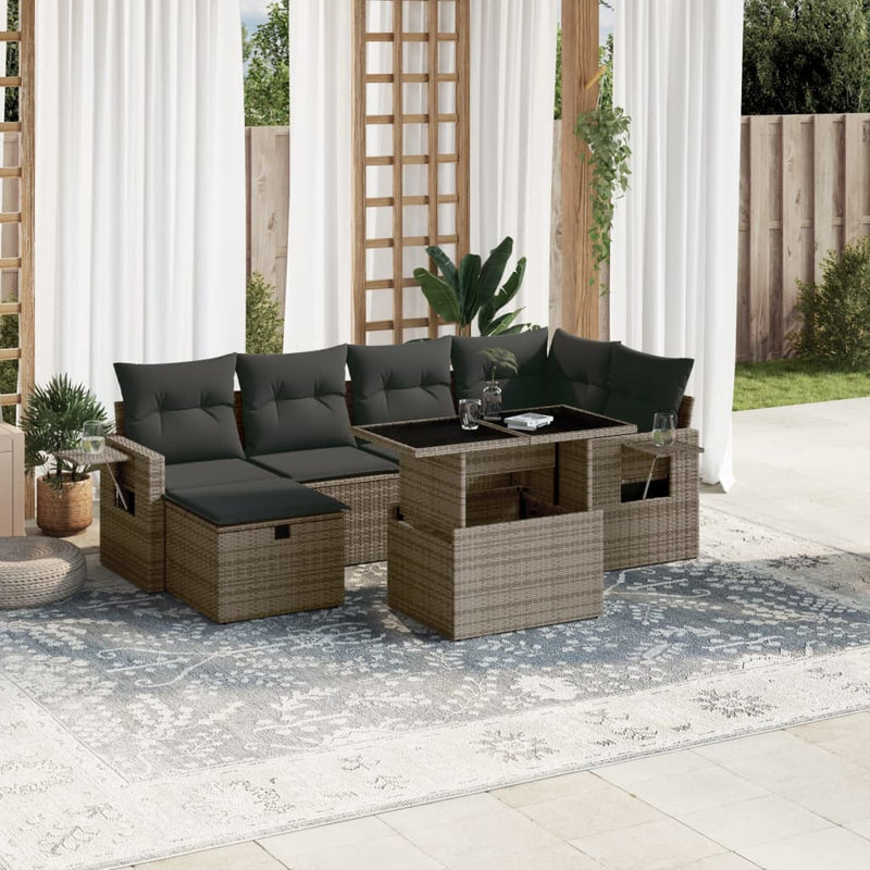 7 Piece Garden Sofa Set with Cushions Grey Poly Rattan Payday Deals