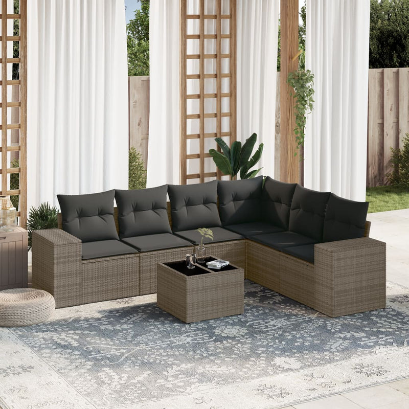 7 Piece Garden Sofa Set with Cushions Grey Poly Rattan Payday Deals