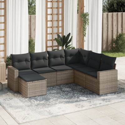 7 Piece Garden Sofa Set with Cushions Grey Poly Rattan