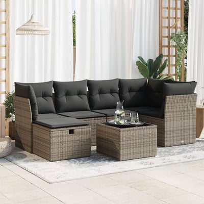 7 Piece Garden Sofa Set with Cushions Grey Poly Rattan