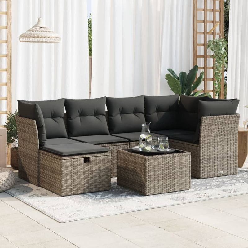 7 Piece Garden Sofa Set with Cushions Grey Poly Rattan Payday Deals