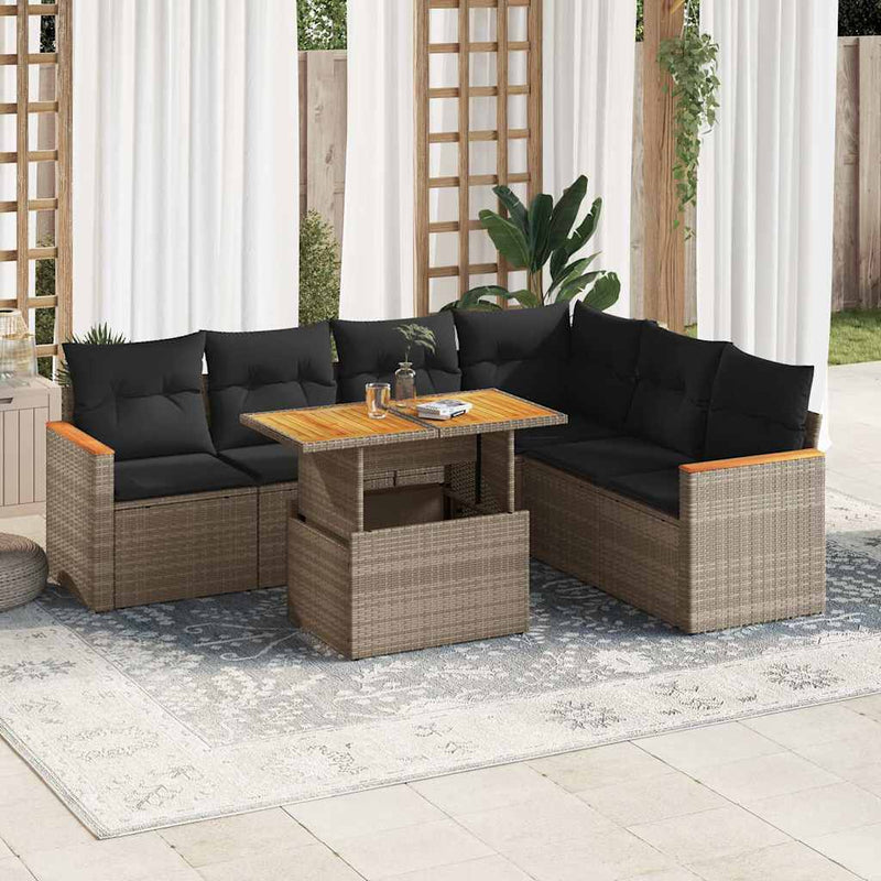 7 Piece Garden Sofa Set with Cushions Grey Poly Rattan Acacia Payday Deals
