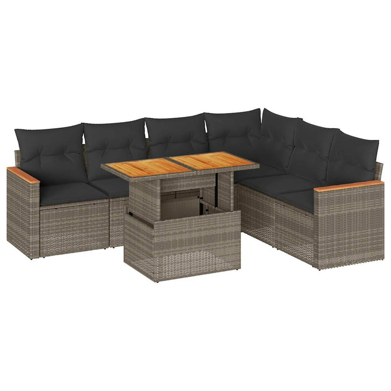 7 Piece Garden Sofa Set with Cushions Grey Poly Rattan Acacia Payday Deals