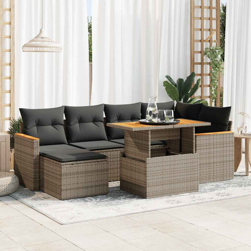 7 Piece Garden Sofa Set with Cushions Grey Poly Rattan Acacia Payday Deals