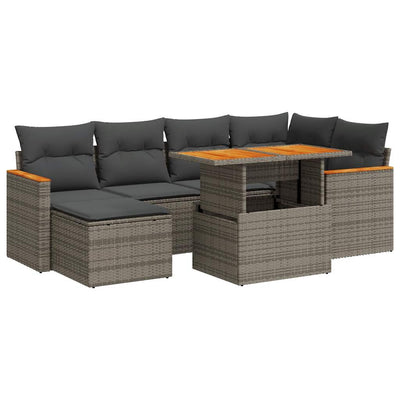 7 Piece Garden Sofa Set with Cushions Grey Poly Rattan Acacia Payday Deals