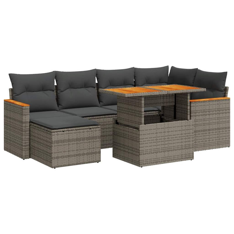 7 Piece Garden Sofa Set with Cushions Grey Poly Rattan Acacia Payday Deals