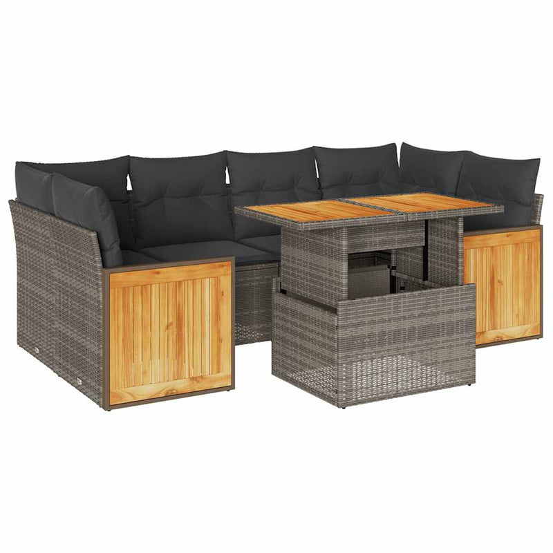 7 Piece Garden Sofa Set with Cushions Grey Poly Rattan Acacia Payday Deals