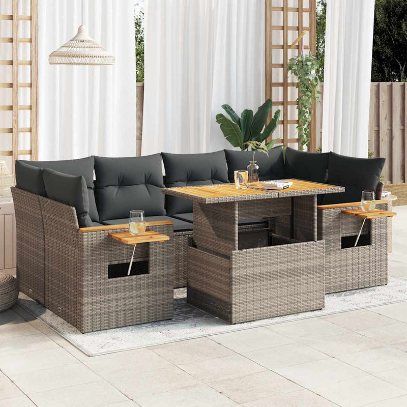 7 Piece Garden Sofa Set with Cushions Grey Poly Rattan Acacia Payday Deals