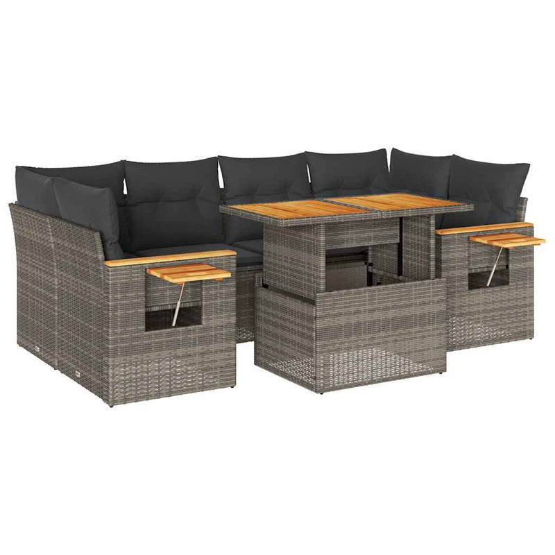 7 Piece Garden Sofa Set with Cushions Grey Poly Rattan Acacia Payday Deals