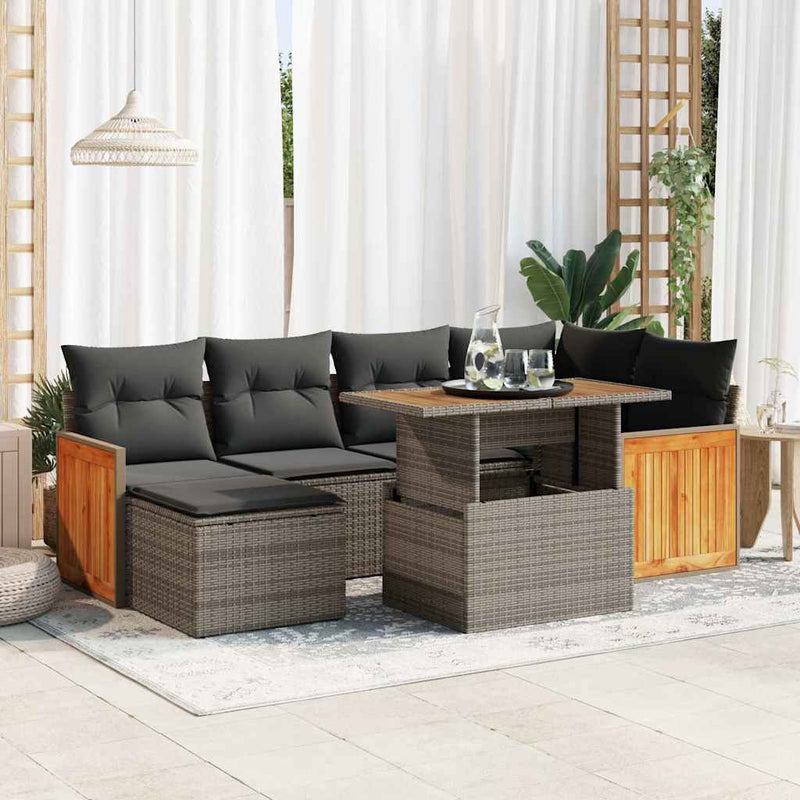 7 Piece Garden Sofa Set with Cushions Grey Poly Rattan Acacia Payday Deals