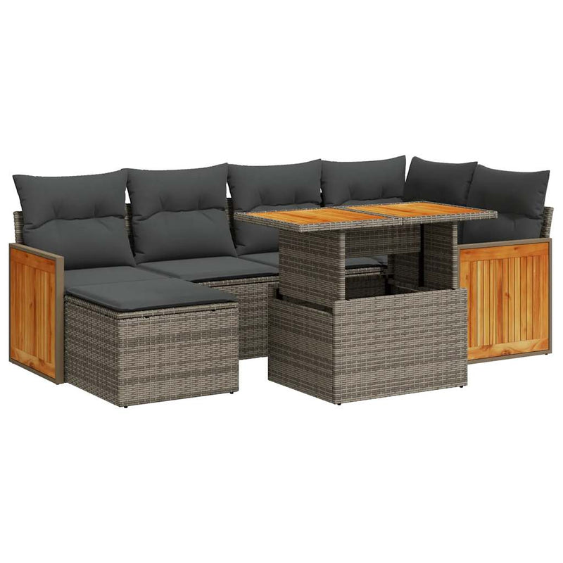 7 Piece Garden Sofa Set with Cushions Grey Poly Rattan Acacia Payday Deals