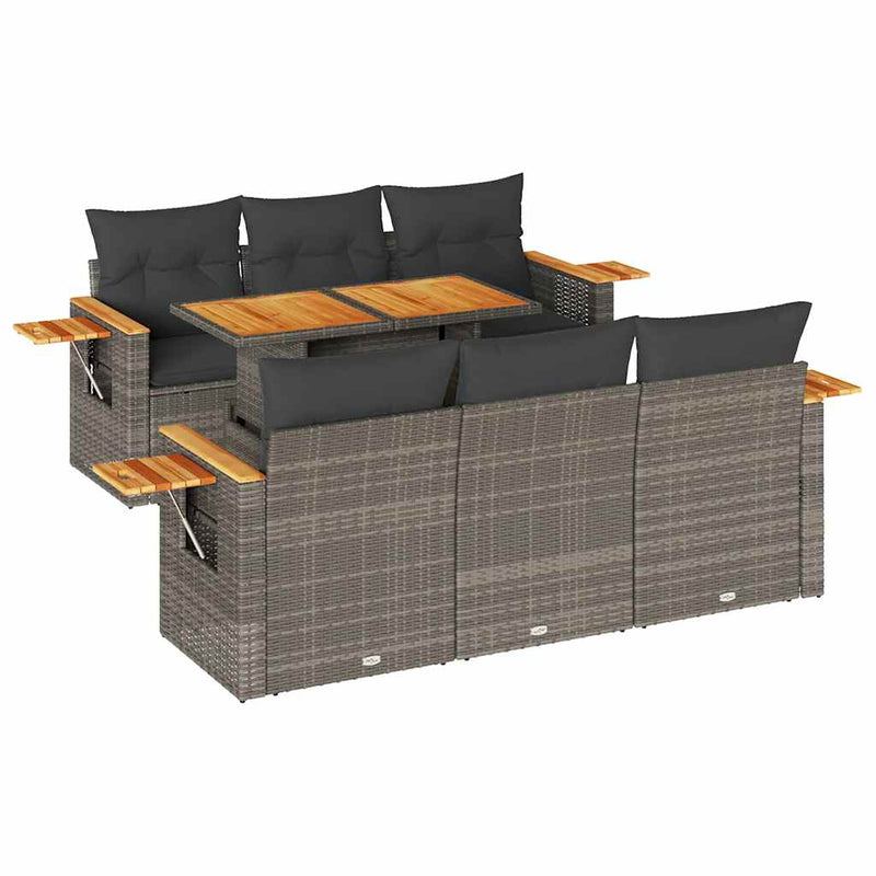 7 Piece Garden Sofa Set with Cushions Grey Poly Rattan Acacia Payday Deals